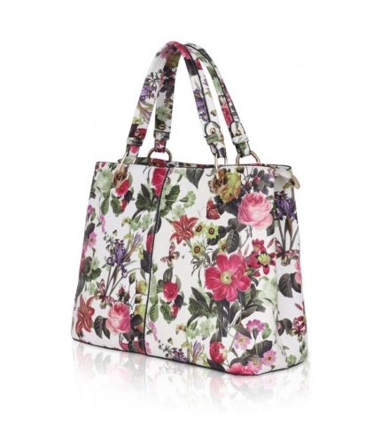 Women's Faux Leather Printed Handheld Bag (White Pink)