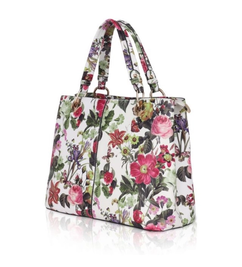 Women's Faux Leather Printed Handheld Bag (White Pink)