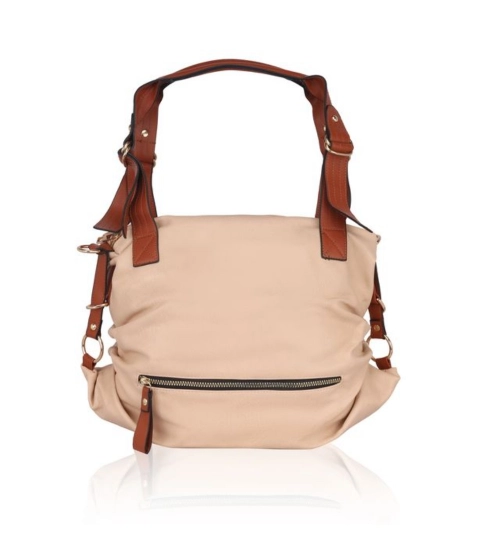 Women's Faux Leather Solid Tote Bag (Beige)