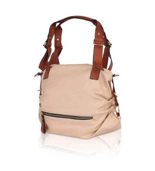 Women's Faux Leather Solid Tote Bag (Beige)