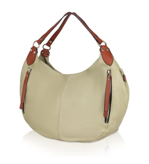 Women's Faux Leather Solid Tote Bag (Beige)