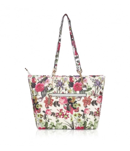 Women's Faux Leather Printed Tote Bag (White Pink)