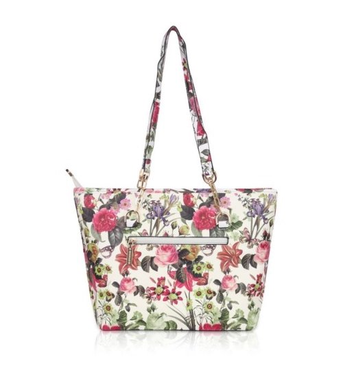 Women's Faux Leather Printed Tote Bag (White Pink)