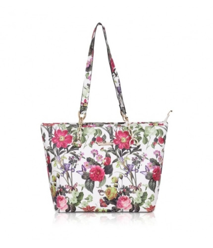 Women's Faux Leather Printed Tote Bag (White Pink)