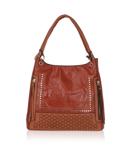 Women's Faux Leather Textured Tote Bag (Brown)