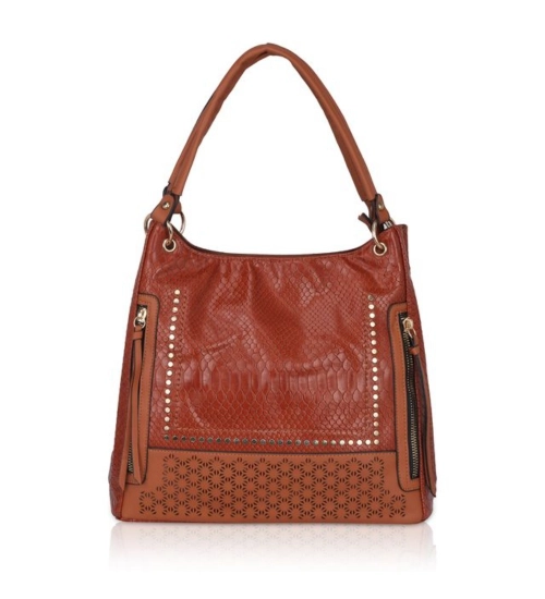 Women's Faux Leather Textured Tote Bag (Brown)