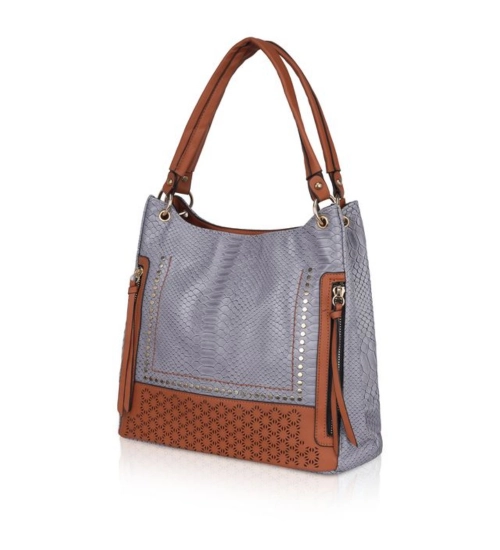 Women's Faux Leather Textured Tote Bag (Blue)