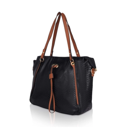 Women's Faux Leather Textured Tote Bag (Black)