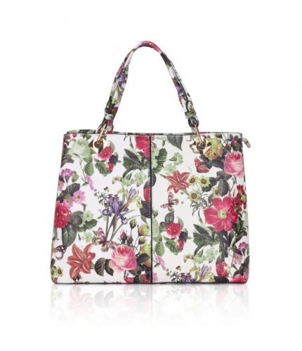 Women's Faux Leather Printed Handheld Bag (White Pink)