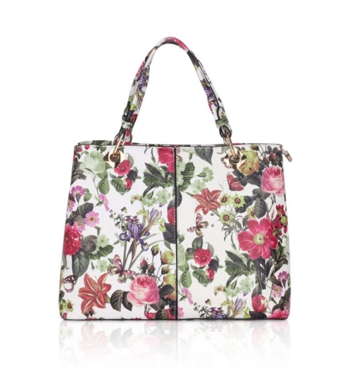 Women's Faux Leather Printed Handheld Bag (White Pink)