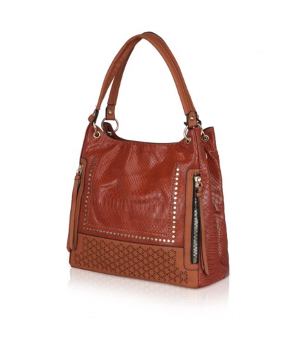 Women's Faux Leather Textured Tote Bag (Brown)