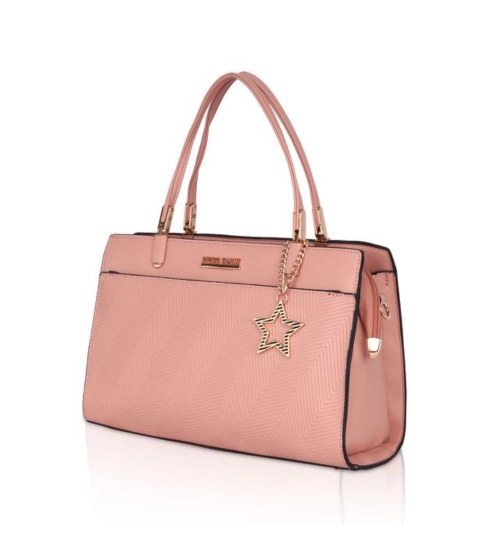 Women's Faux Leather Textured Adjustable Long Belt Handbag (Pink)