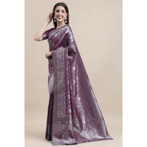 Generic Women's Kanjivaram Silk Designer Silver Weaving Saree With Unstitched Blouse (Purple, 5.50 Mtrs)