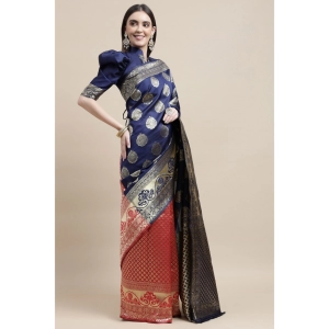 Generic Women's Kanjivaram Silk Designer Weaving Saree With Unstitched Blouse (Blue & Red, 5.50 Mtrs)