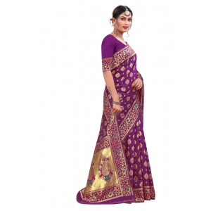 Generic Women's Banarasi Silk Designer Weaving Saree With Unstitched Blouse (Purple, 5.50 Mtrs)