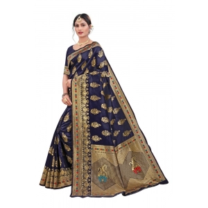 Generic Women's Banarasi Silk Designer Weaving Saree With Unstitched Blouse (Blue, 5.50 Mtrs)