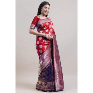Generic Women's Kanjivaram Silk Designer Weaving Saree With Unstitched Blouse (Red & Blue, 5.50 Mtrs)