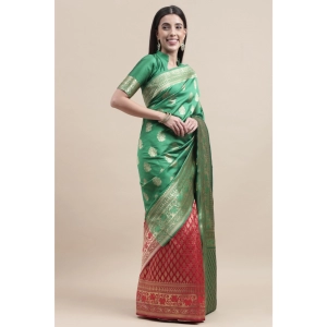 Generic Women's Kanjivaram Silk Designer Weaving Saree With Unstitched Blouse (Green & Red, 5.50 Mtrs)