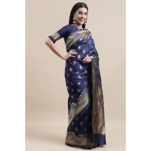 Generic Women's Kanjivaram Silk Designer Weaving Saree With Unstitched Blouse (Blue, 5.50 Mtrs)