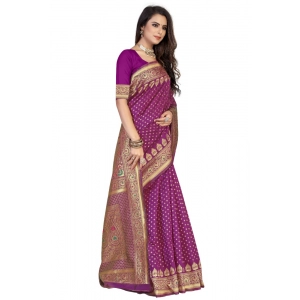 Generic Women's Banarasi Silk Designer Weaving Saree With Unstitched Blouse (Purple, 5.50 Mtrs)