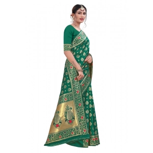 Generic Women's Banarasi Silk Designer Weaving Saree With Unstitched Blouse (Green, 5.50 Mtrs)