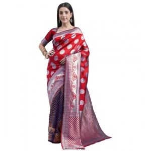 Generic Women's Kanjivaram Silk Designer Weaving Saree With Unstitched Blouse (Red & Blue, 5.50 Mtrs)