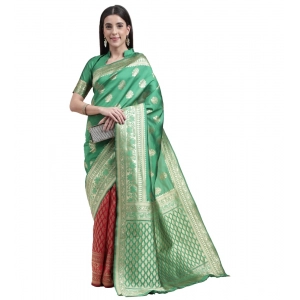 Generic Women's Kanjivaram Silk Designer Weaving Saree With Unstitched Blouse (Green & Red, 5.50 Mtrs)