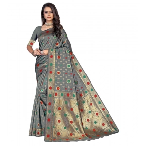 Generic Women's Banarasi Silk Designer Weaving Saree With Unstitched Blouse (Grey, 5.50 Mtrs)