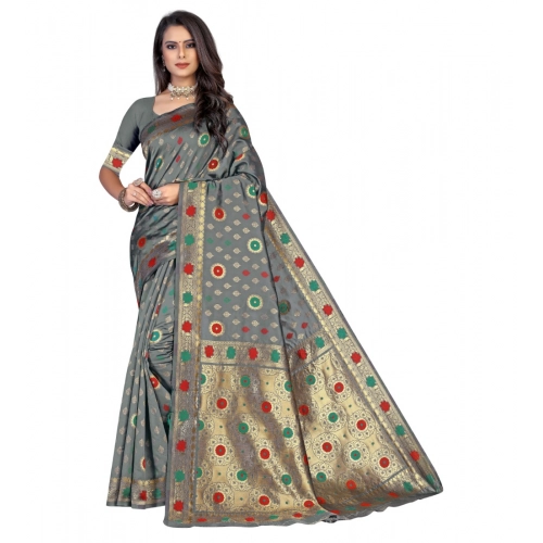 Generic Women's Banarasi Silk Designer Weaving Saree With Unstitched Blouse (Grey, 5.50 Mtrs)