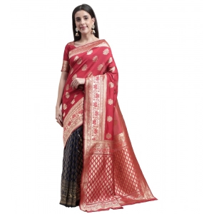 Generic Women's Kanjivaram Silk Designer Weaving Saree With Unstitched Blouse (Red,Blue, 5.50 Mtrs)