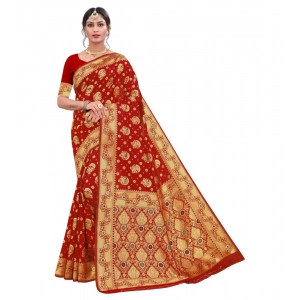 Generic Women's Banarasi Silk Designer Weaving Saree With Unstitched Blouse (Red, 5.50 Mtrs)