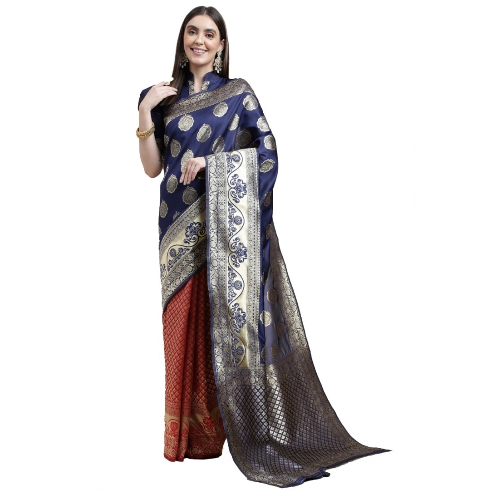 Generic Women's Kanjivaram Silk Designer Weaving Saree With Unstitched Blouse (Blue & Red, 5.50 Mtrs)