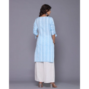 Generic Women's Casual Cotton Blend 3-4th Sleeve Straight Kurti (Aqua Blue)