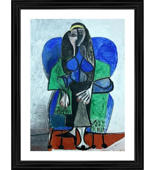 Seated Woman with Green Shawl 1960 Painting With Wood Photo Frame (Multicolor)