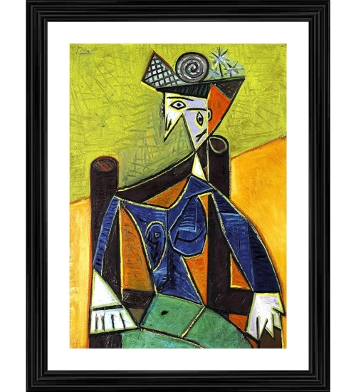 Woman Sitting in Armchair 1920 Painting With Wood Photo Frame (Multicolor)