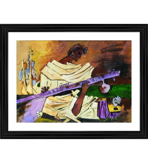 Sitar Player Painting With Wood Photo Frame (Multicolor)