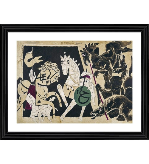 Five Horses and the Battle Painting With Wood Photo Frame (Multicolor)