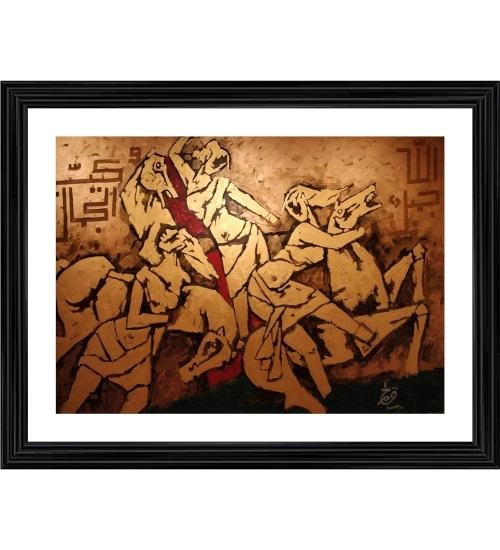 Three Horses and the Riders Painting With Wood Photo Frame (Multicolor)