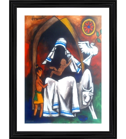 Mother Teresa Goddess of Peace Painting With Wood Photo Frame (Multicolor)