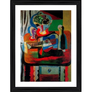 Generic Guitar Bottle Fruit Dish and Glass 1919 Painting With Wood Photo Frame (Multicolor)
