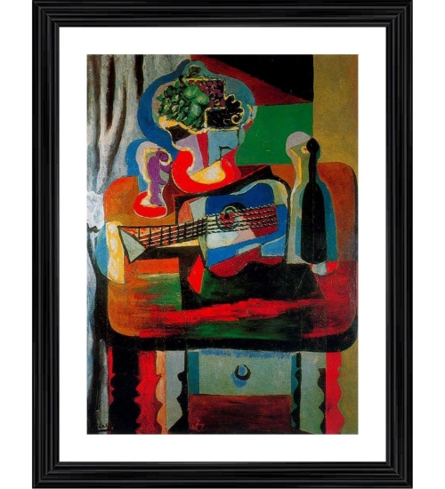 Guitar Bottle Fruit Dish and Glass 1919 Painting With Wood Photo Frame (Multicolor)