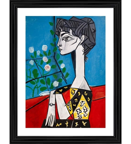 Jacqueline with flowers 1954 Painting With Wood Photo Frame (Multicolor)
