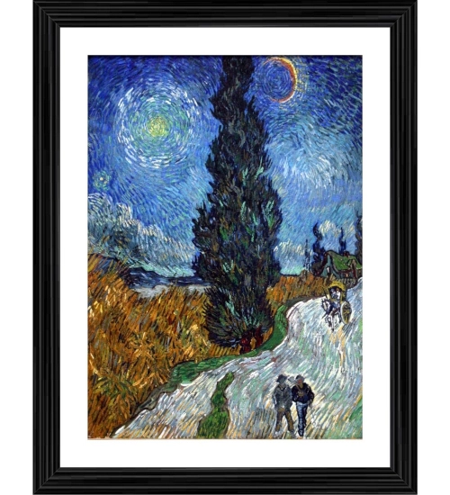 Road with Cypress and Star 1890 Painting With Wood Photo Frame (Multicolor)