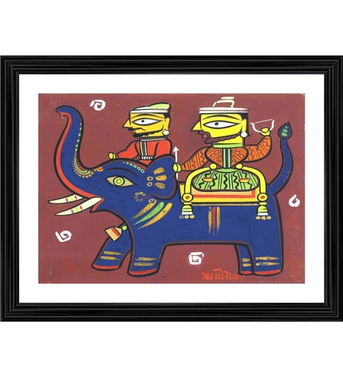 Two Hunters with Elephant Painting With Wood Photo Frame (Multicolor)