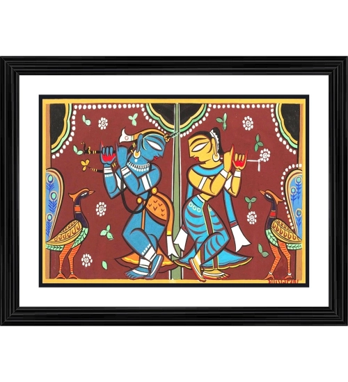 Radha Krishna Painting With Wood Photo Frame (Multicolor)