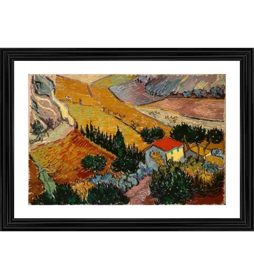 House and Ploughman 1889 Painting With Wood Photo Frame (Multicolor)