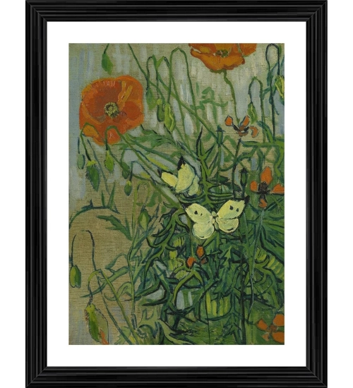 Butterflies and Poppies 1889 Painting With Wood Photo Frame (Multicolor)