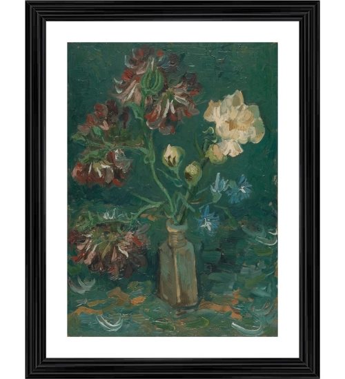 Vase with Peonies and Blue Delphiniums 1886 Painting With Wood Photo Frame (Multicolor)
