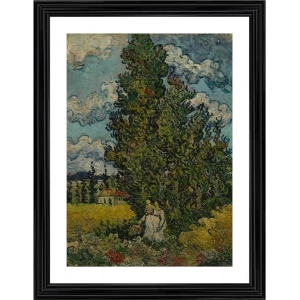 Generic Cypresses and Two Women 1890 Painting With Wood Photo Frame (Multicolor)
