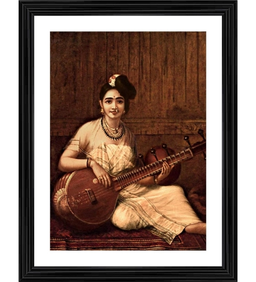 Malabar Lady with Veena 1900 Painting With Wood Photo Frame (Multicolor)